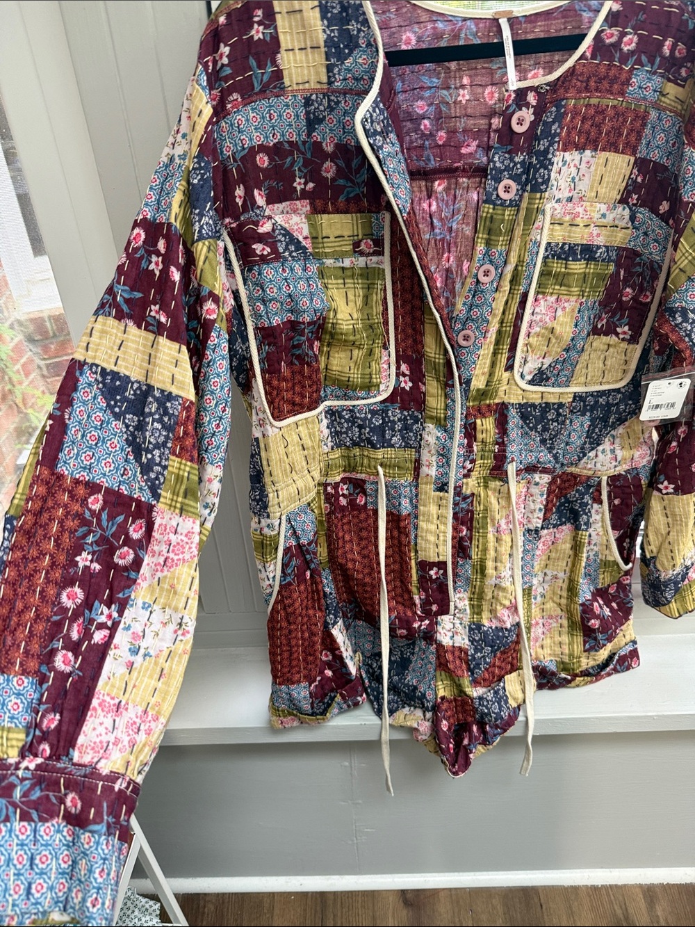 Free People Quilted Kantha Patchwork Jumpsuit Romper in Burgundy Multi Sz. LG - Picture 6 of 8
